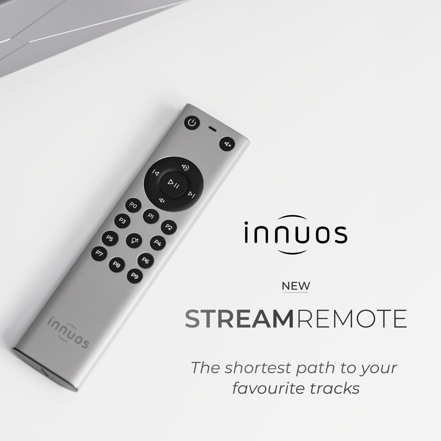 Innuos Stream Remote Control with text on light grey background