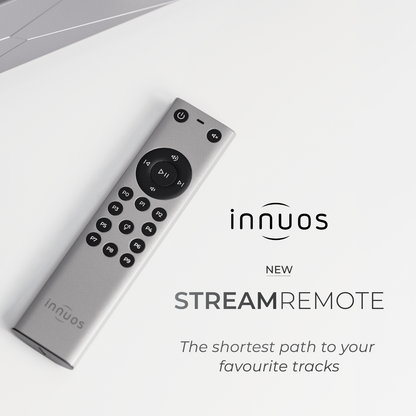 Innuos Stream Remote Control with text on light grey background
