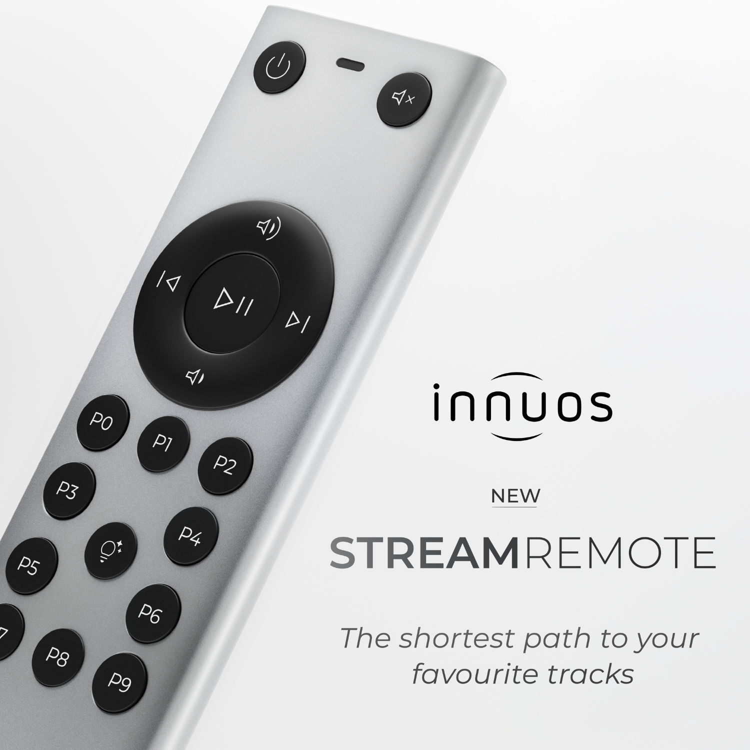 Close up of Innuos Stream Remote Control on light grey background