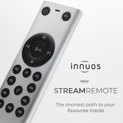 Close up of Innuos Stream Remote Control on light grey background