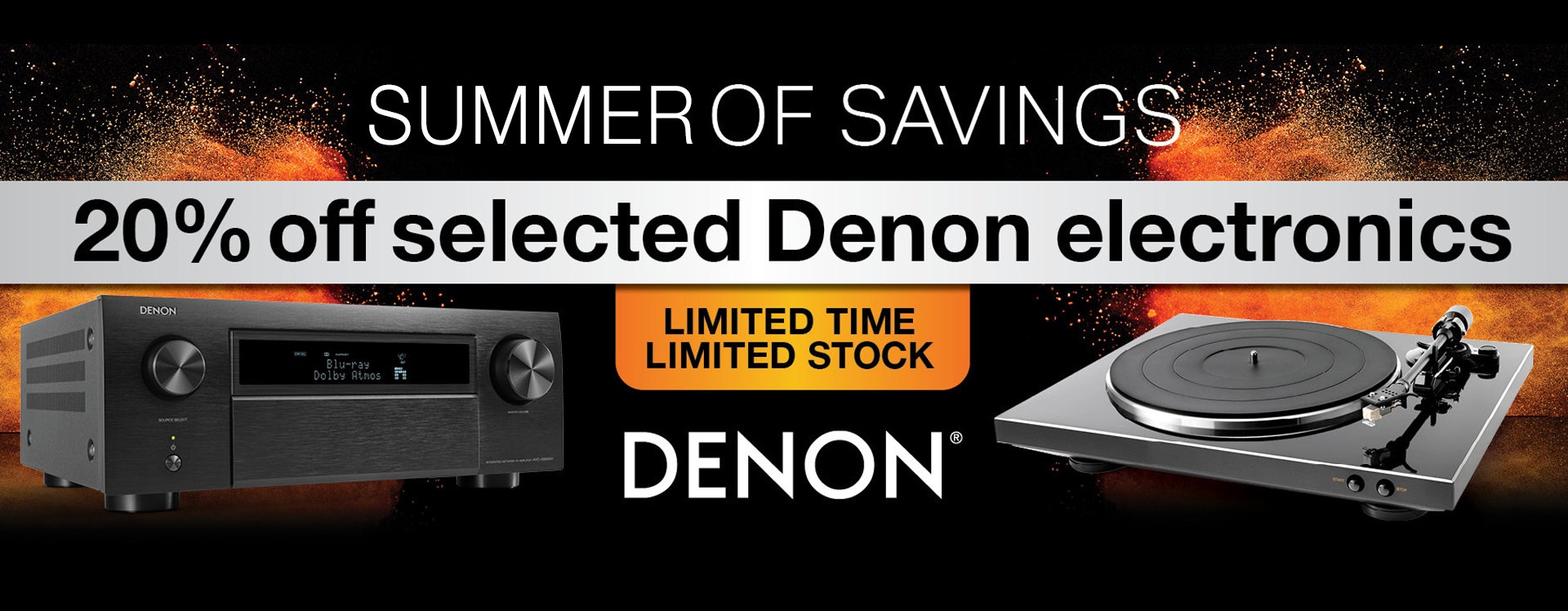 Denon electronics promotion with a turntable and receiver on a fiery background