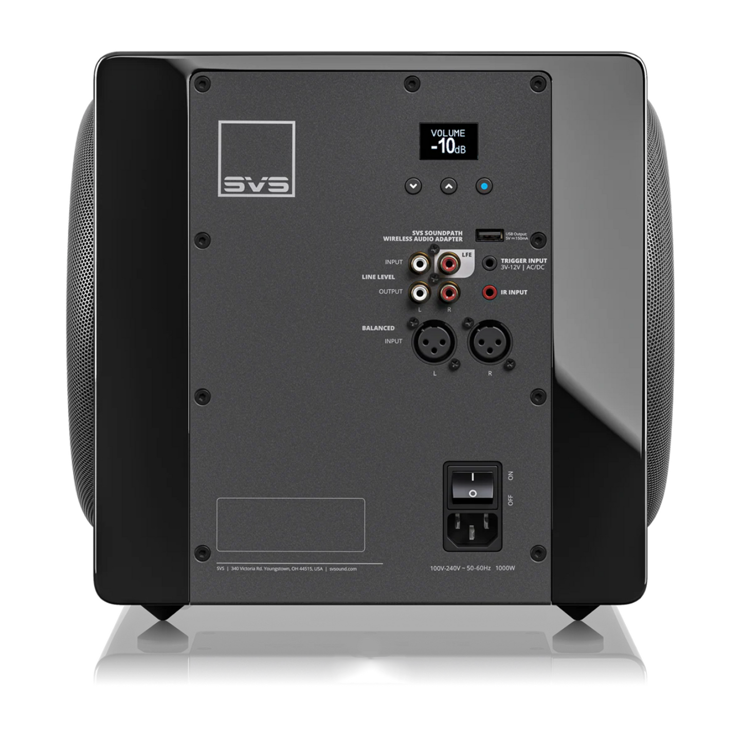 Back of black SVS 3000 Micro R|Evolution Subwoofer on white background