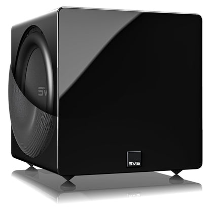 Front angle of gloss black SVS 3000 Micro R|Evolution Subwoofer
