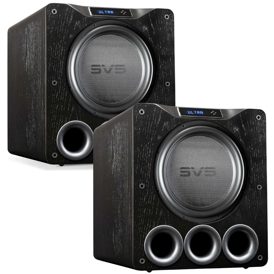 Two SVS subwoofers on a white background