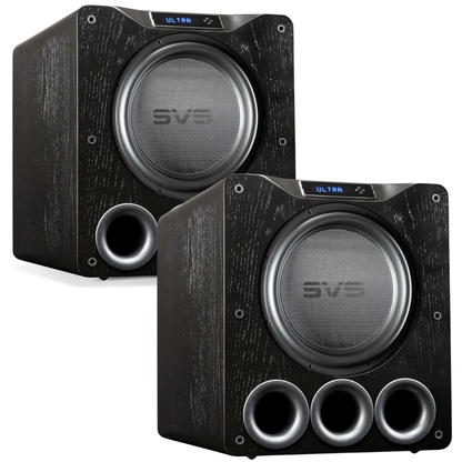 Two SVS subwoofers on a white background