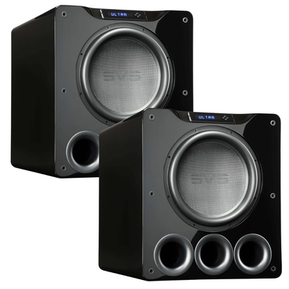 Two black subwoofers with visible branding on a white background