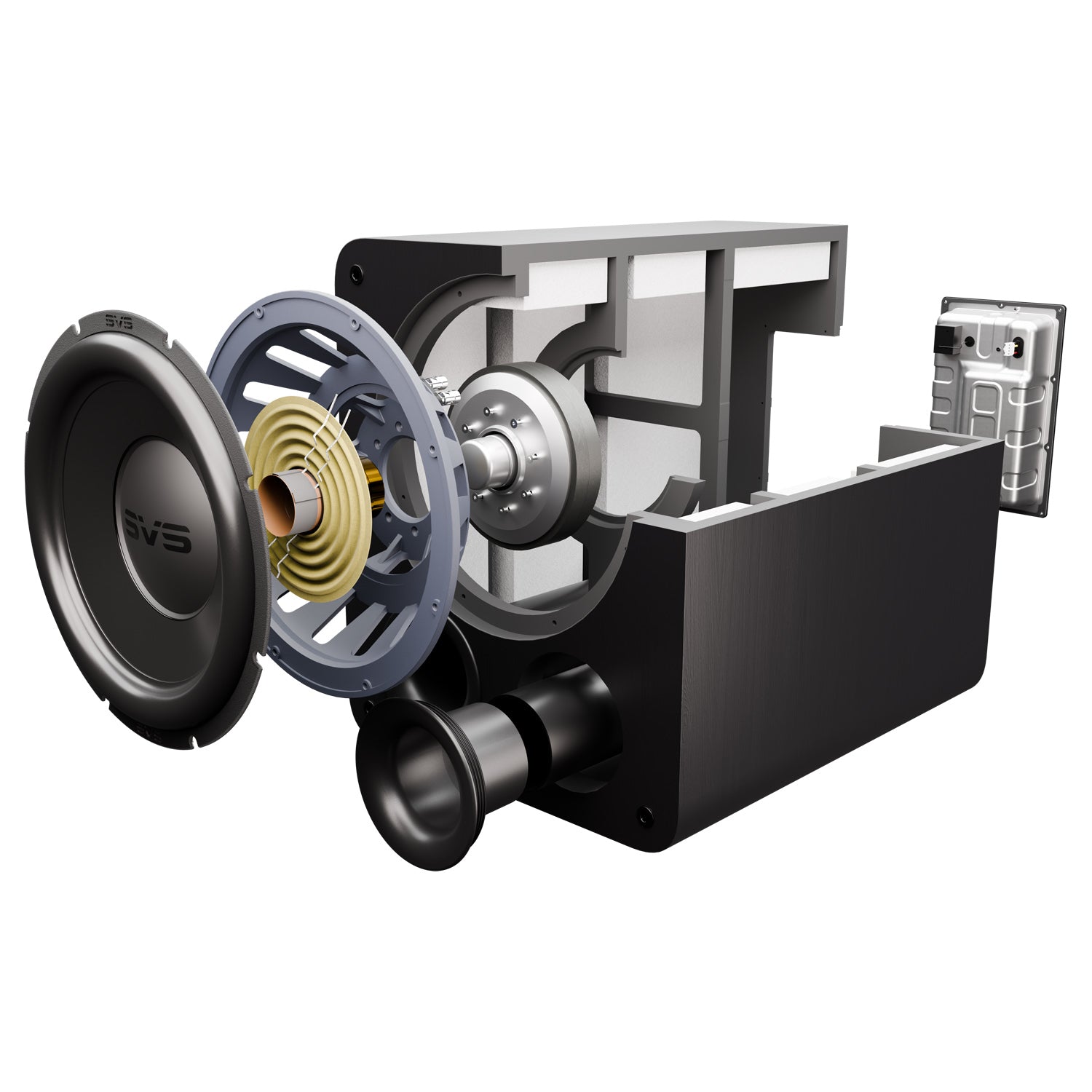 Speaker driver unit with mechanical components on a white background