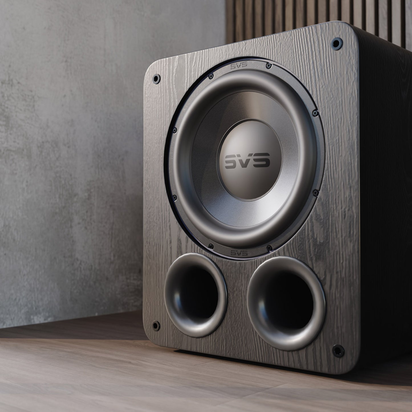 Subwoofer with wooden finish against wall