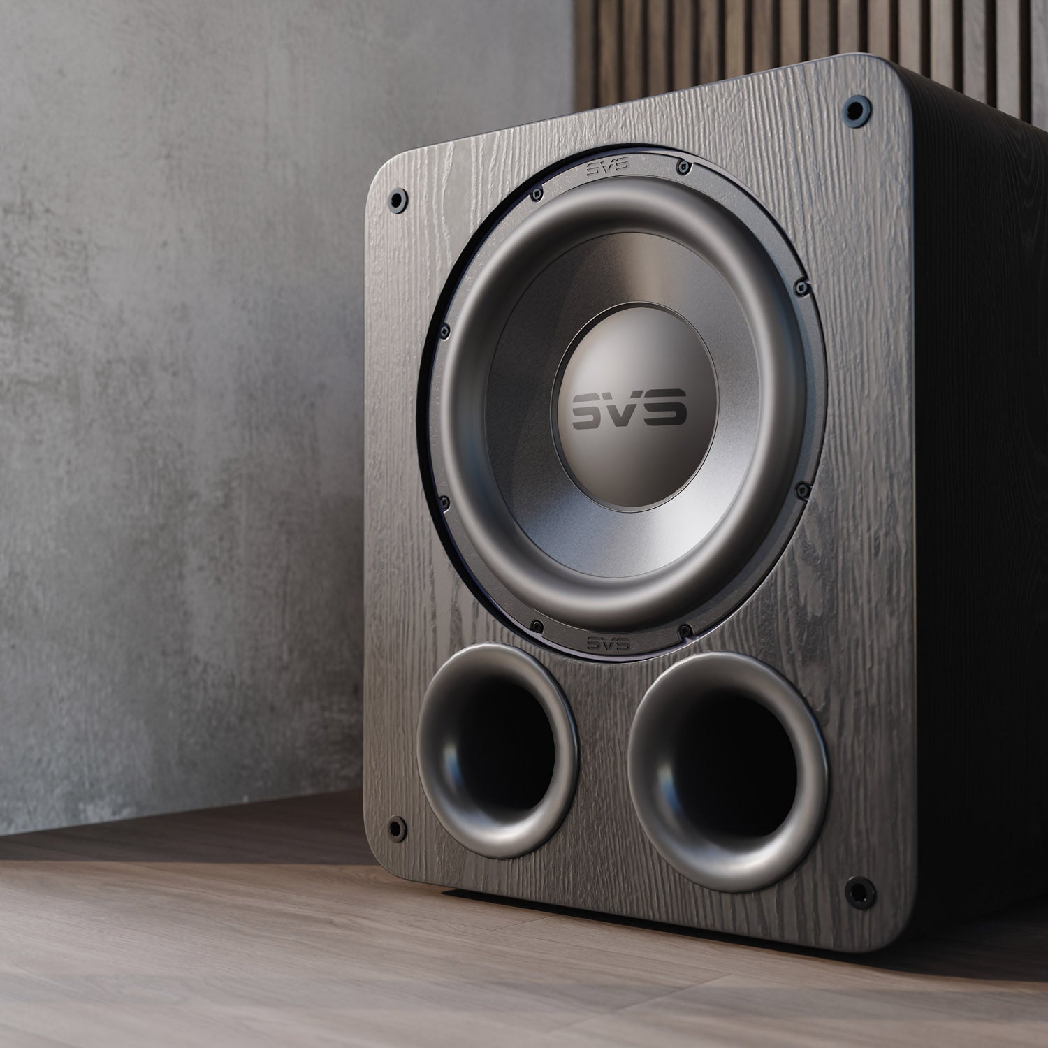 Subwoofer with wooden finish against wall