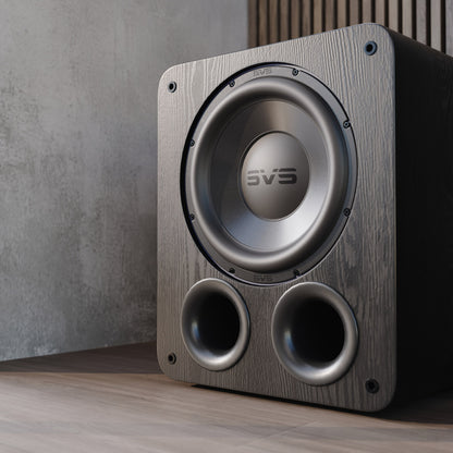 Subwoofer with wooden finish against wall