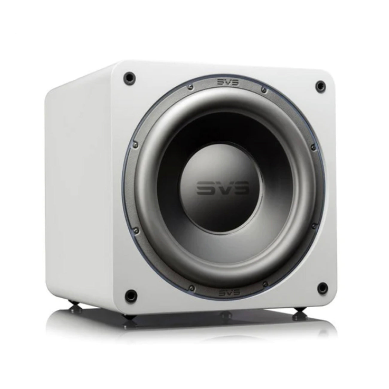 White subwoofer with 'SVS' branding on a white background