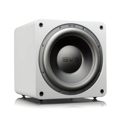 White subwoofer with 'SVS' branding on a white background
