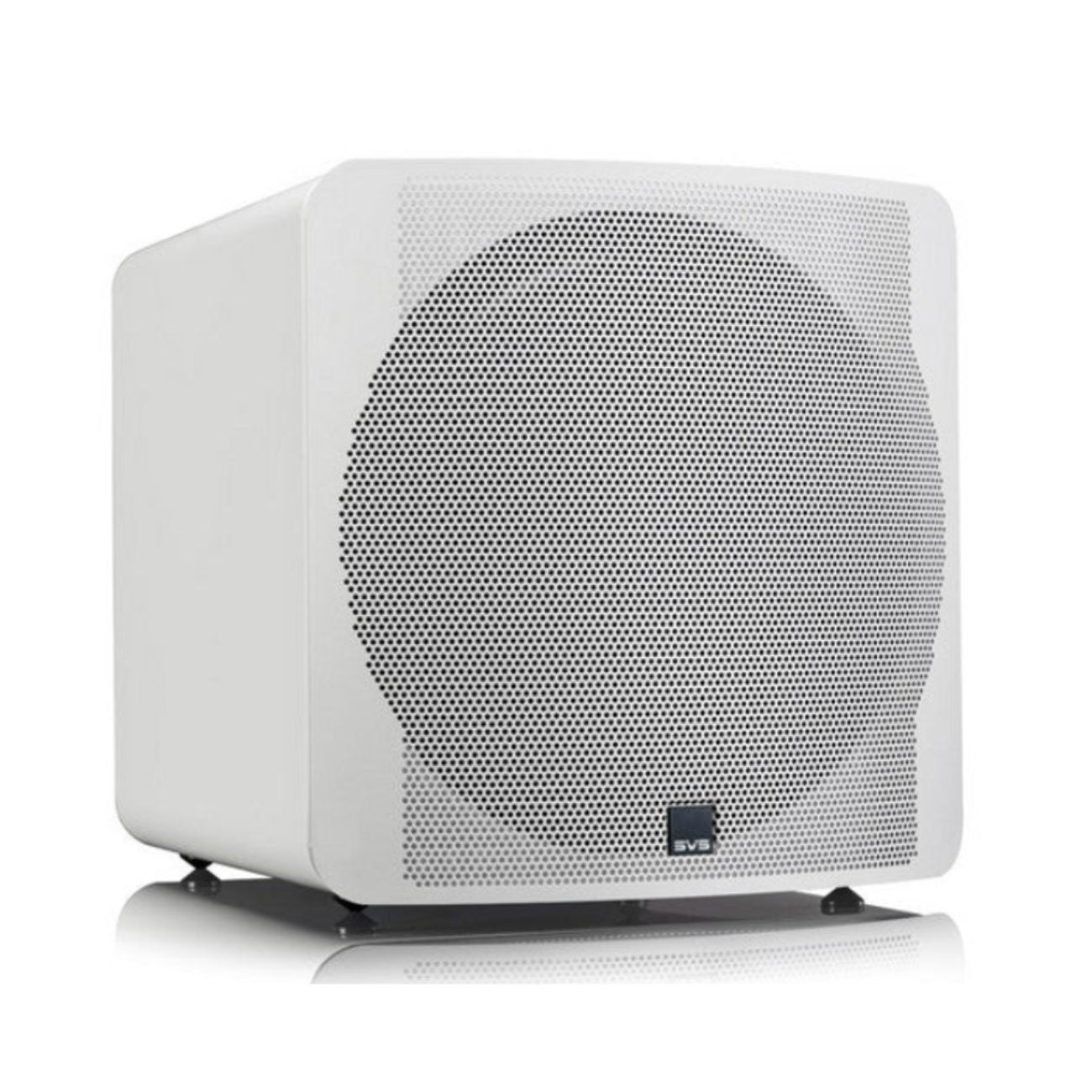 White SVS subwoofer with mesh cover on a white background