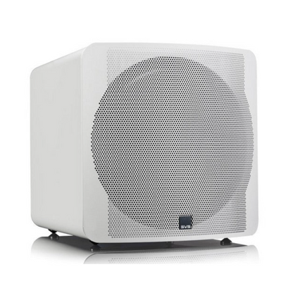White SVS subwoofer with mesh cover on a white background