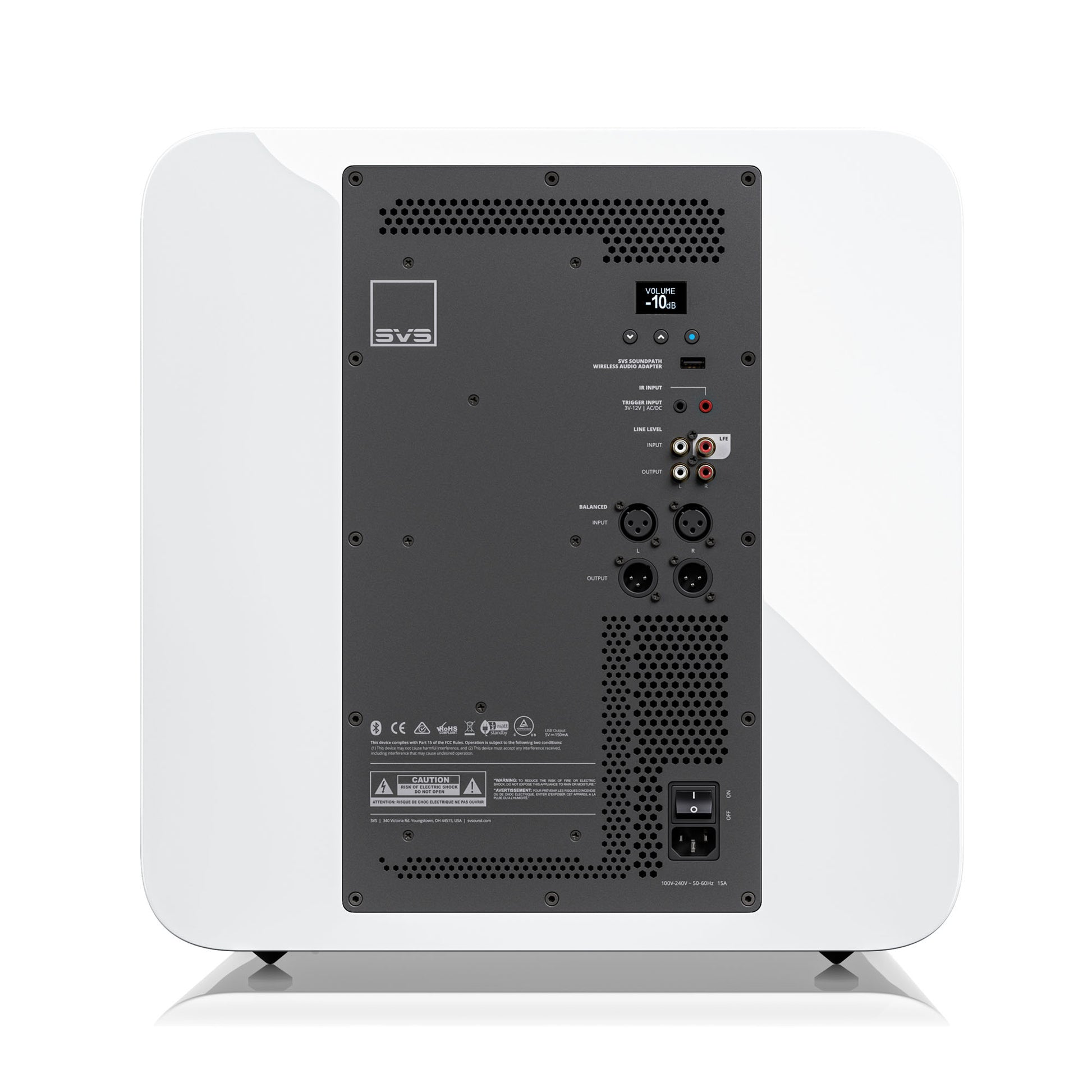 Back view of a white SVS SB-5000 subwoofer with control panel on a white background