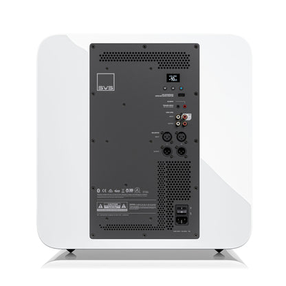 Back view of a white SVS SB-5000 subwoofer with control panel on a white background