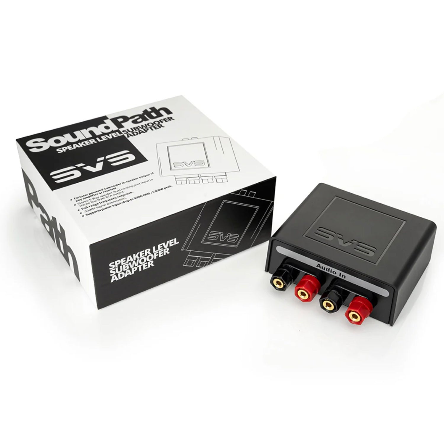 SVS speaker level driver adapter with packaging on a white background