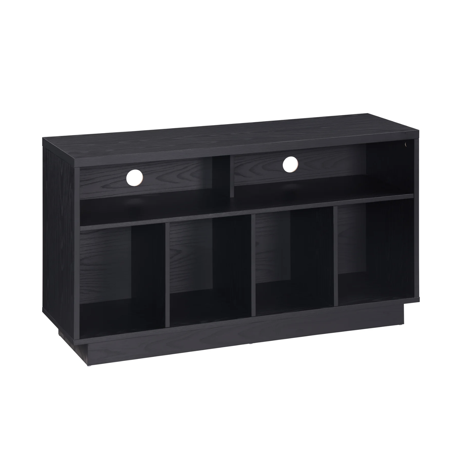 Black Tauris Edison 1200 Media Cabinet with open shelves on a white background