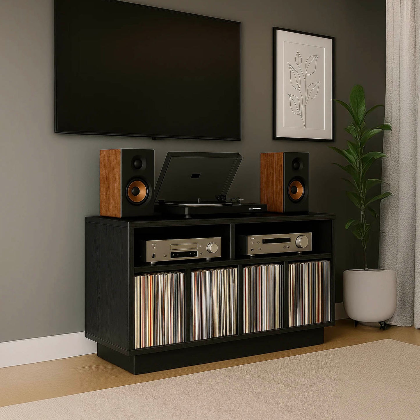 Black Tauris Edison 1200 Media Cabinet with speakers, records, and a TV in a room.