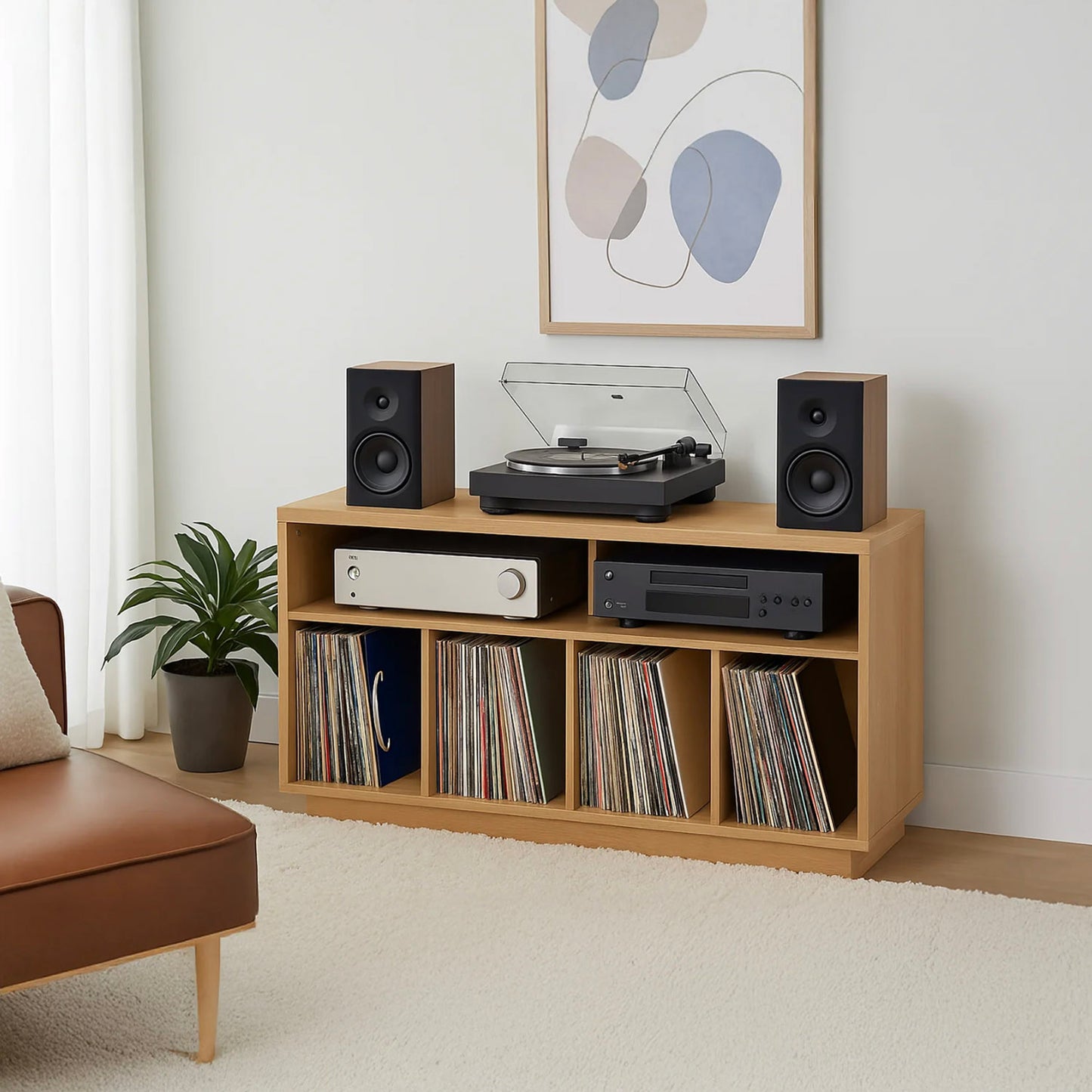 Wooden record player console with speakers and vinyl records in a living room setting.