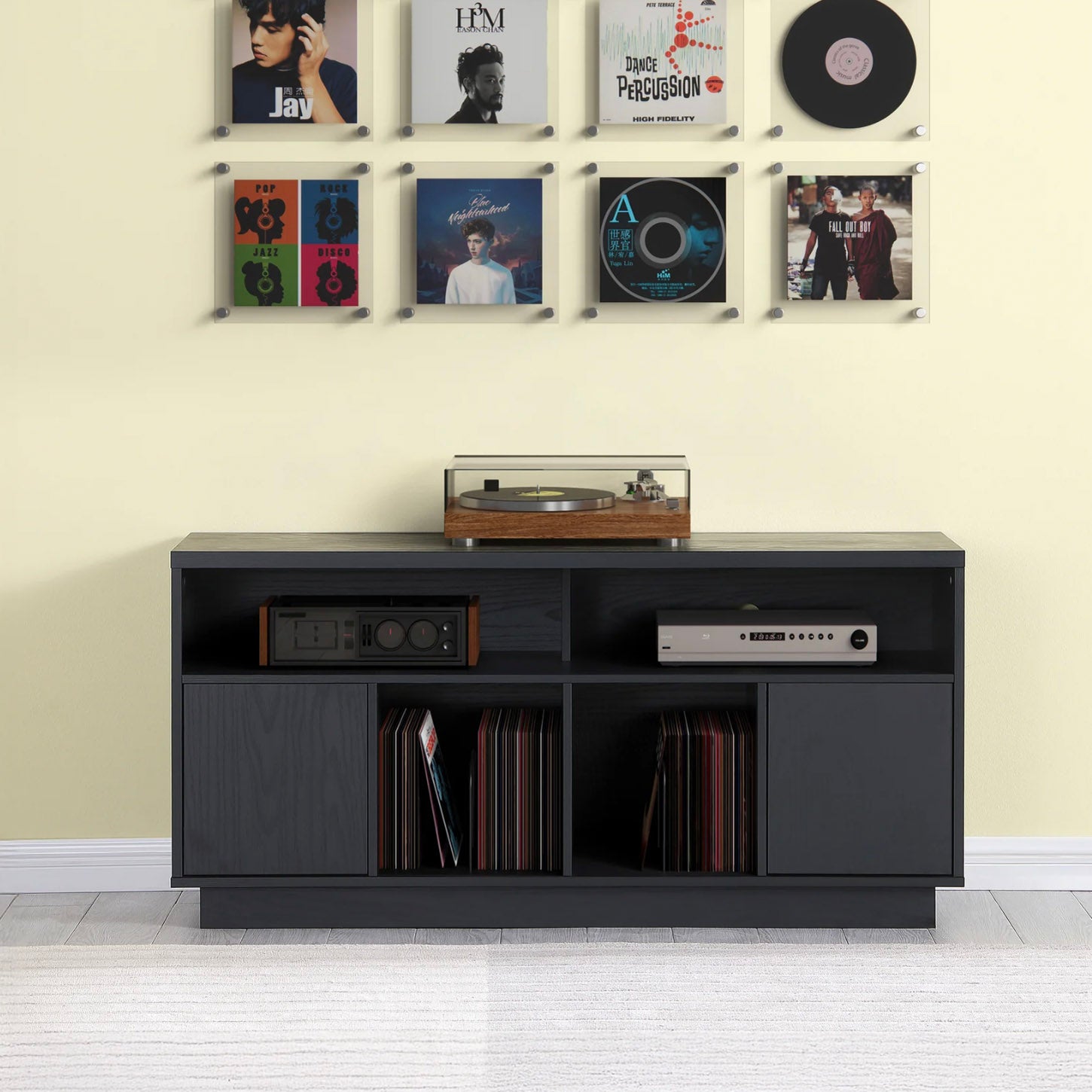 Front of Tauris Edison 1400 Media Cabinet with turntable and audio components on shelves