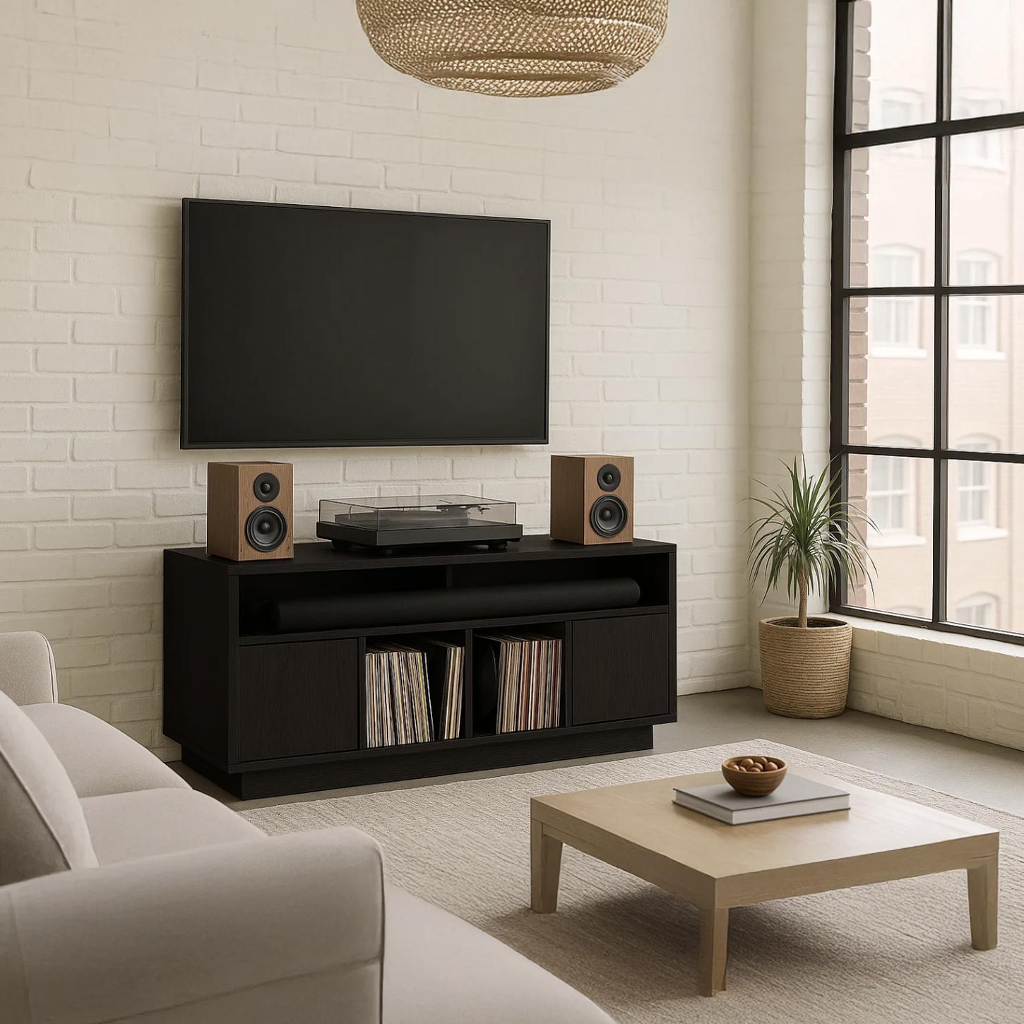 Tauris Edison 1400 Media Cabinet in black in living room with speakers on cabinet and tv mounted on wall