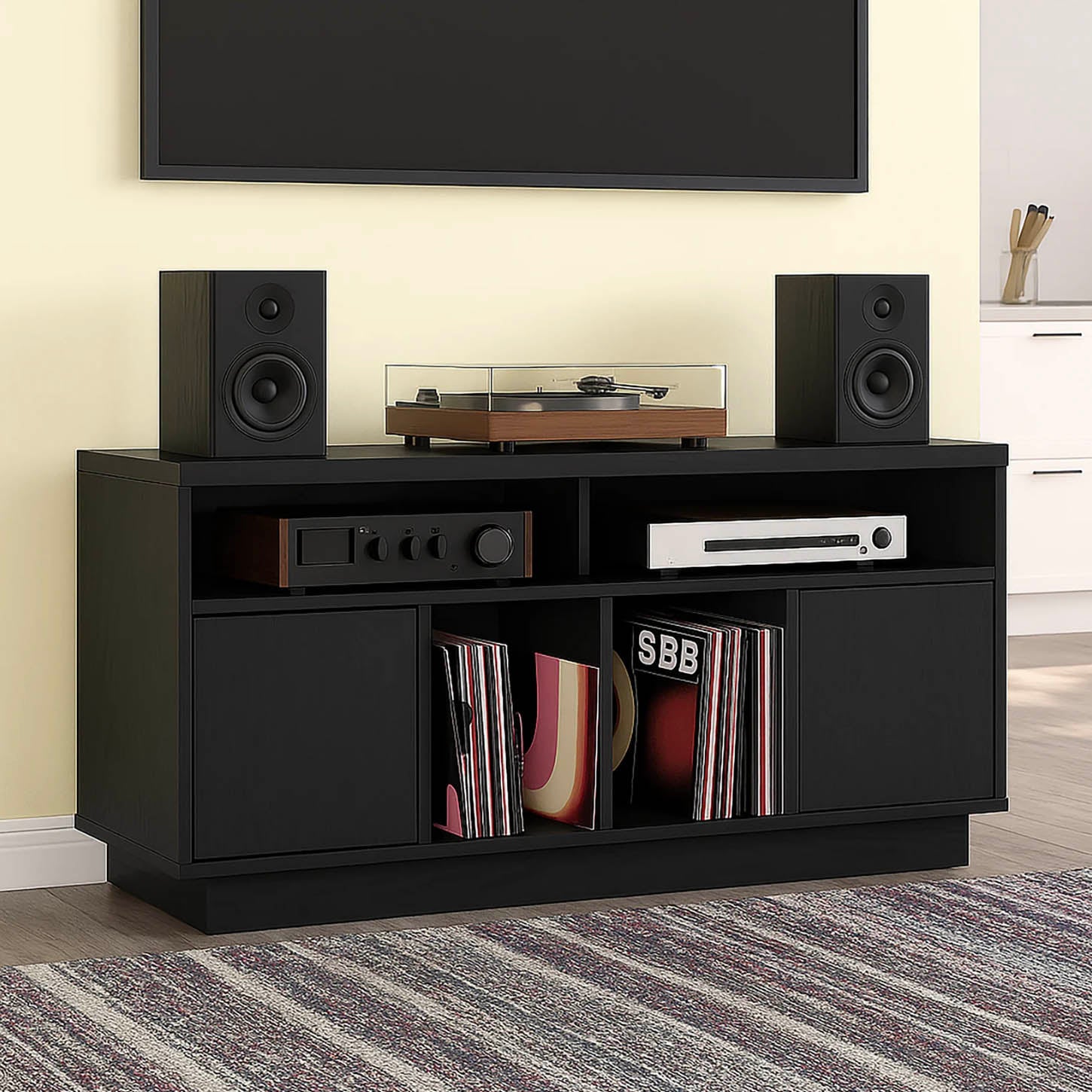 Black Tauris Edison 1400 Media Cabinet with audio compents, speakers and records set up