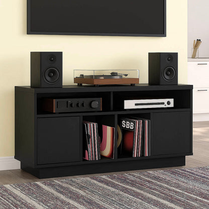 Black Tauris Edison 1400 Media Cabinet with audio compents, speakers and records set up
