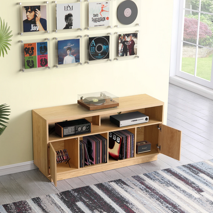 Tauris Edison 1400 Media Cabinet with record player and vinyl records in a room with a window and rug.