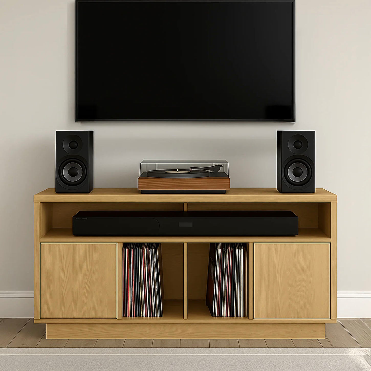 Wooden Tauris Edison 1400 Media Cabinet with speakers, TV, and record player on a neutral wall background