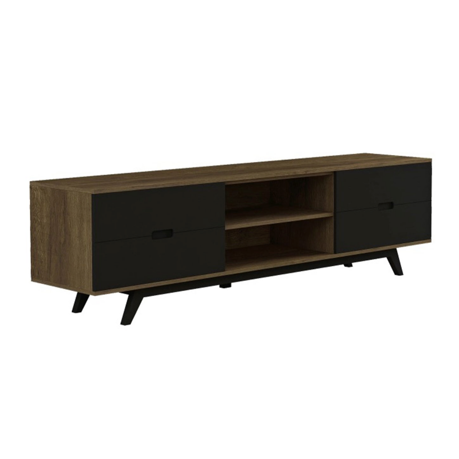 Wooden TV stand with black accents on a white background
