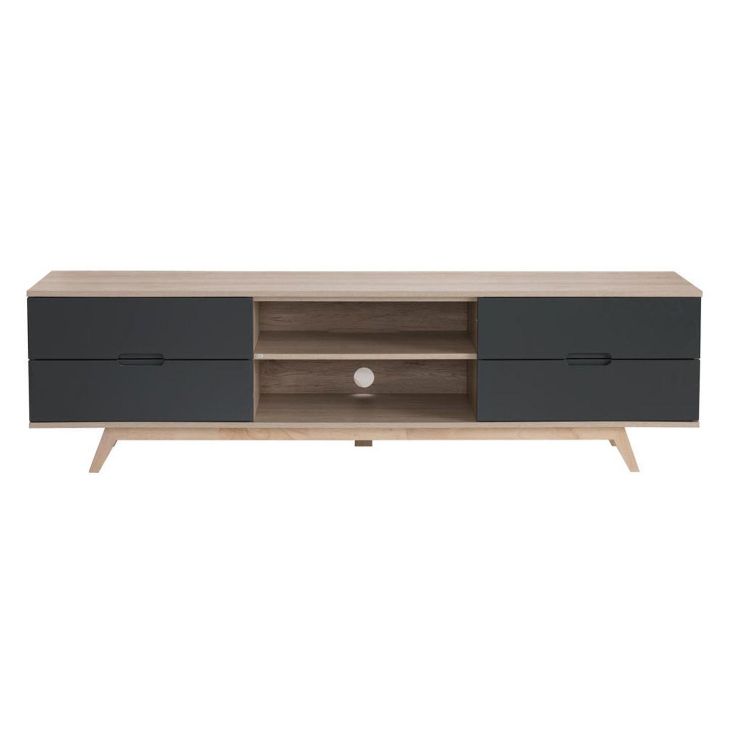 Modern TV stand with black and wood finish on a white background