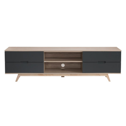 Modern TV stand with black and wood finish on a white background