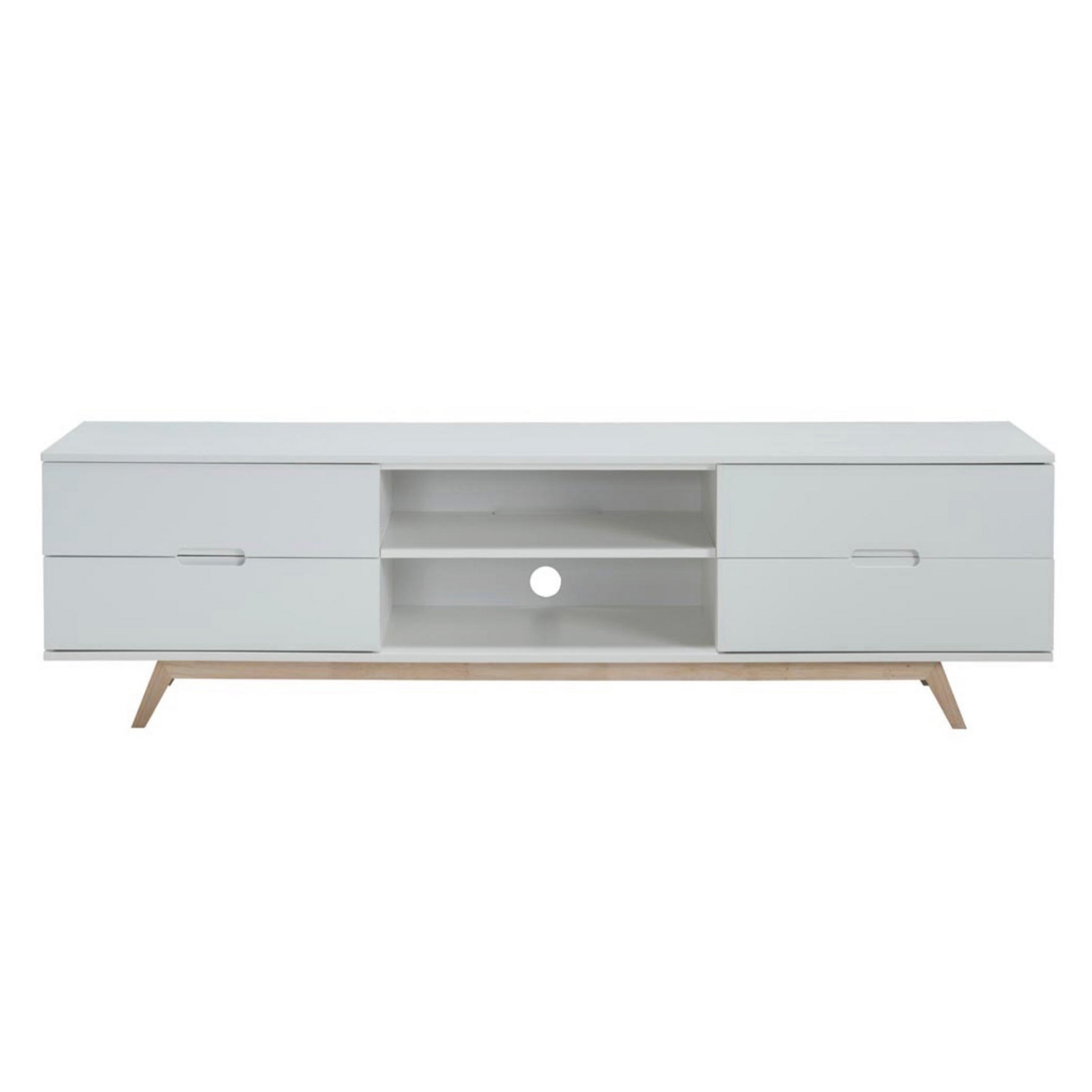 White TV stand with wooden legs on a white background