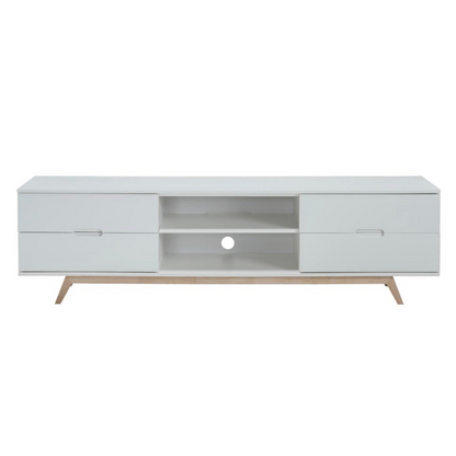 White TV stand with wooden legs on a white background