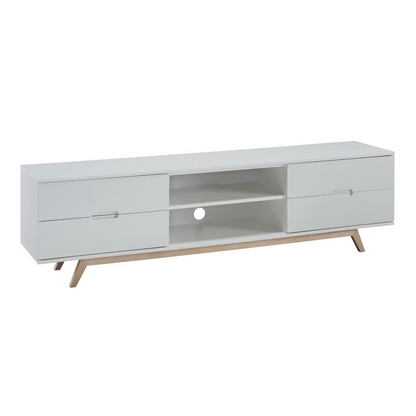 White TV stand with wooden legs on a white background