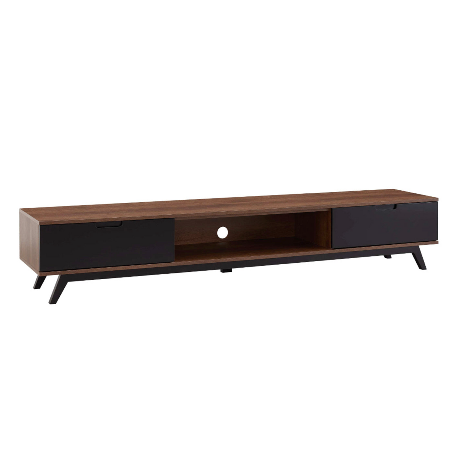 Wooden TV stand with black accents on a white background