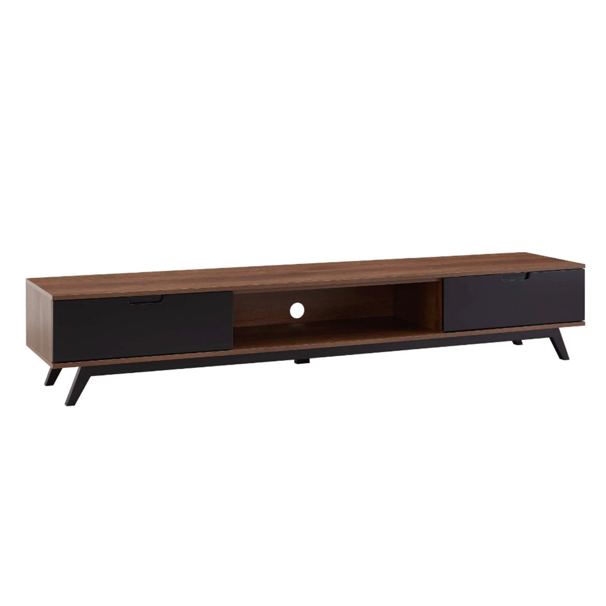Wooden TV stand with black accents on a white background