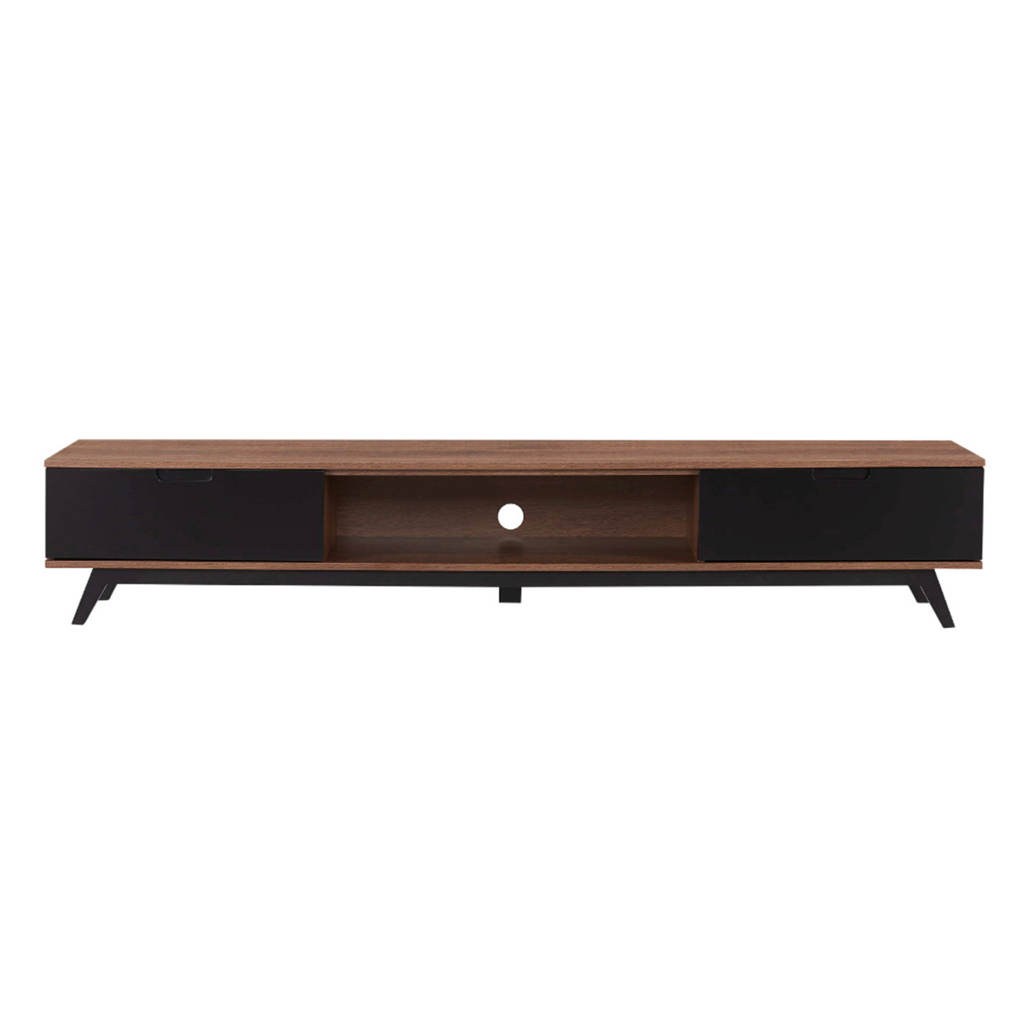 Wooden TV stand with black accents on a white background