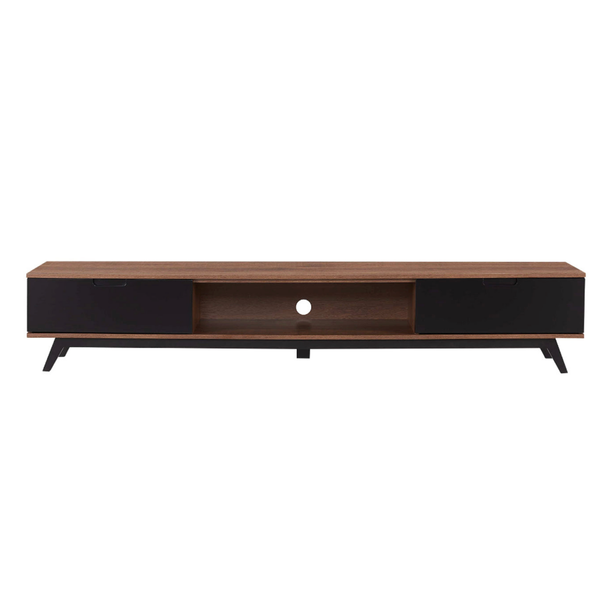 Wooden TV stand with black accents on a white background