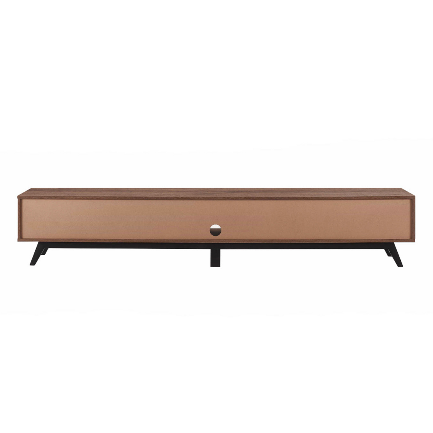 Brown wooden TV stand with a drawer on a white background