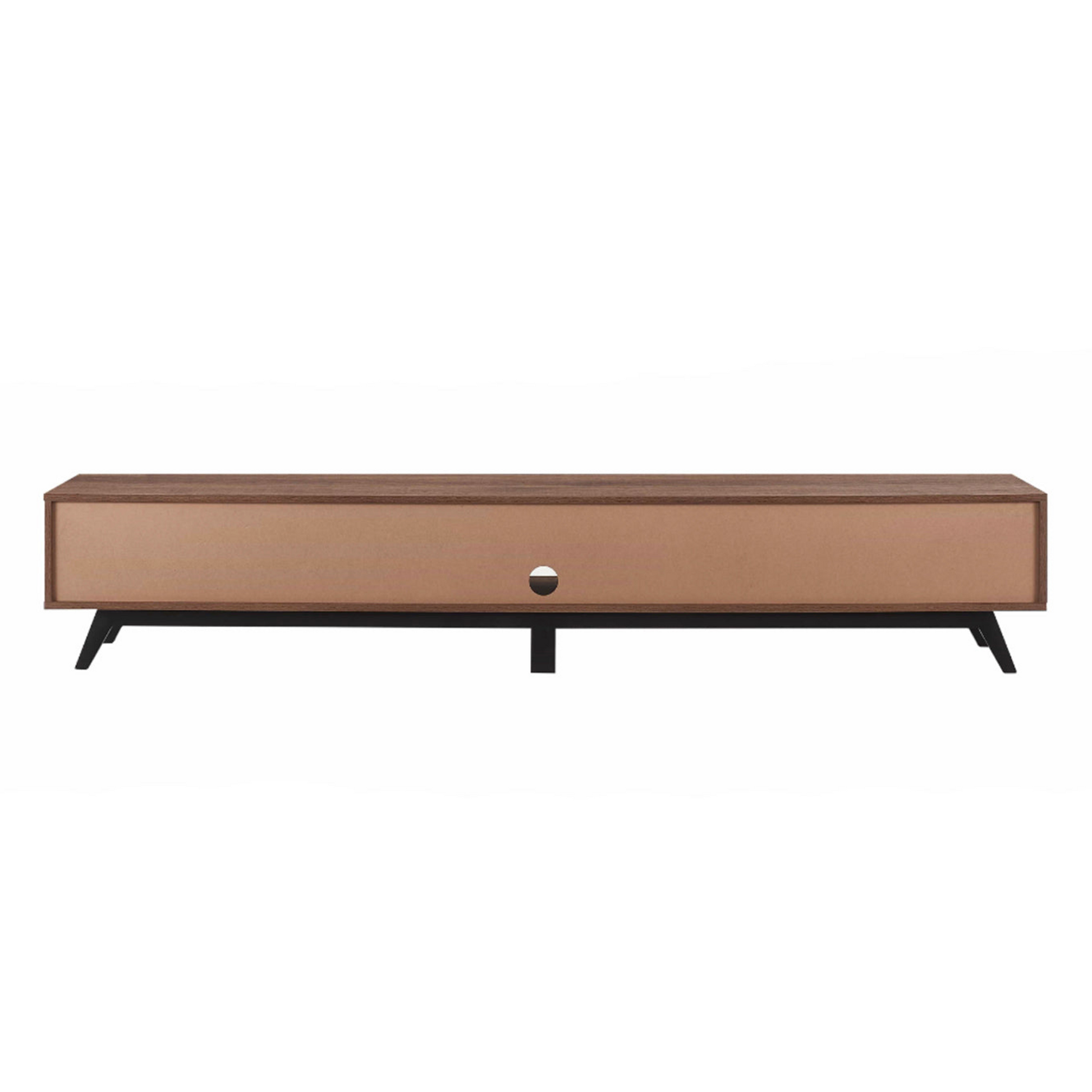 Brown wooden TV stand with a drawer on a white background