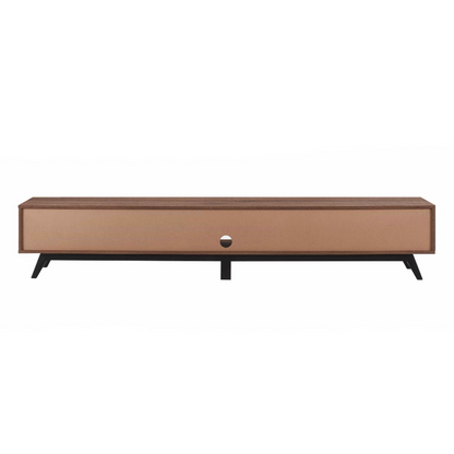 Brown wooden TV stand with a drawer on a white background