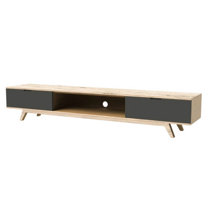Wooden TV stand with grey drawers on a white background