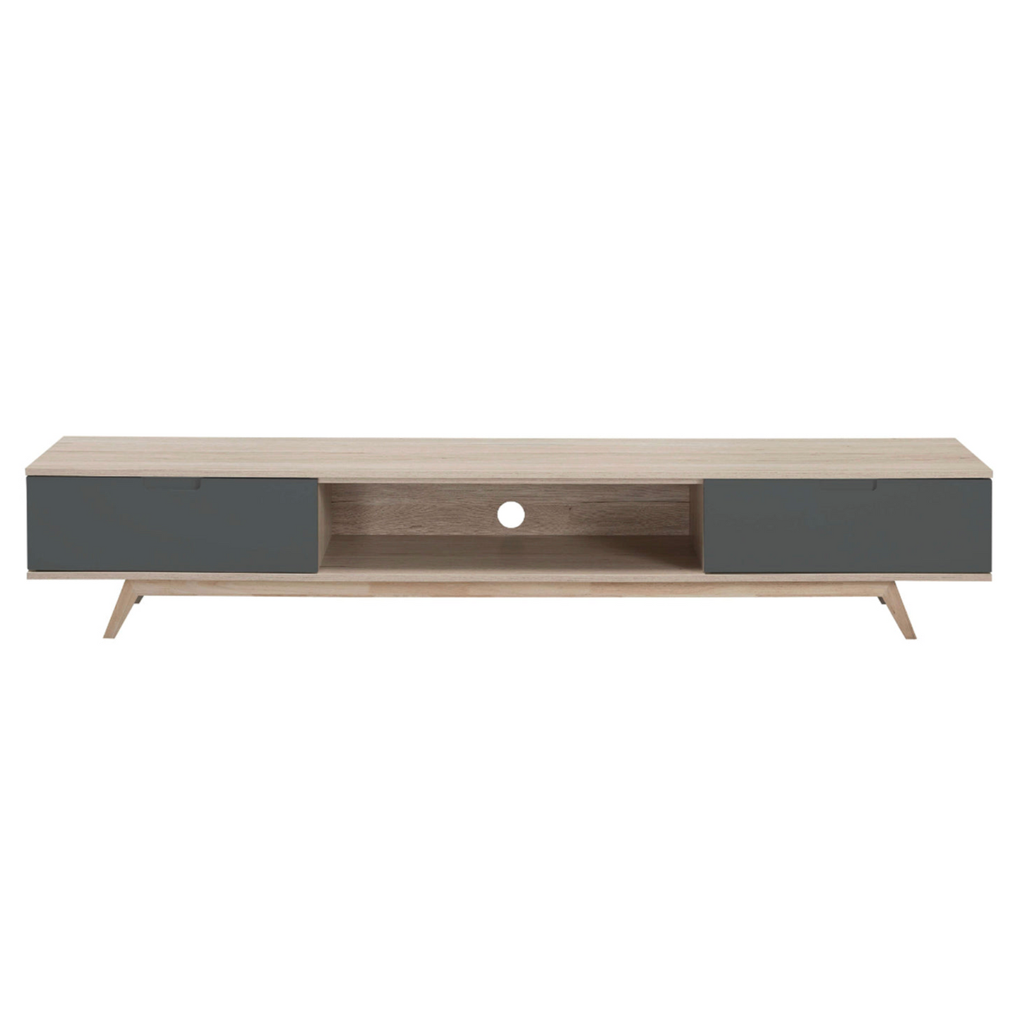 Wooden TV stand with gray doors on a white background
