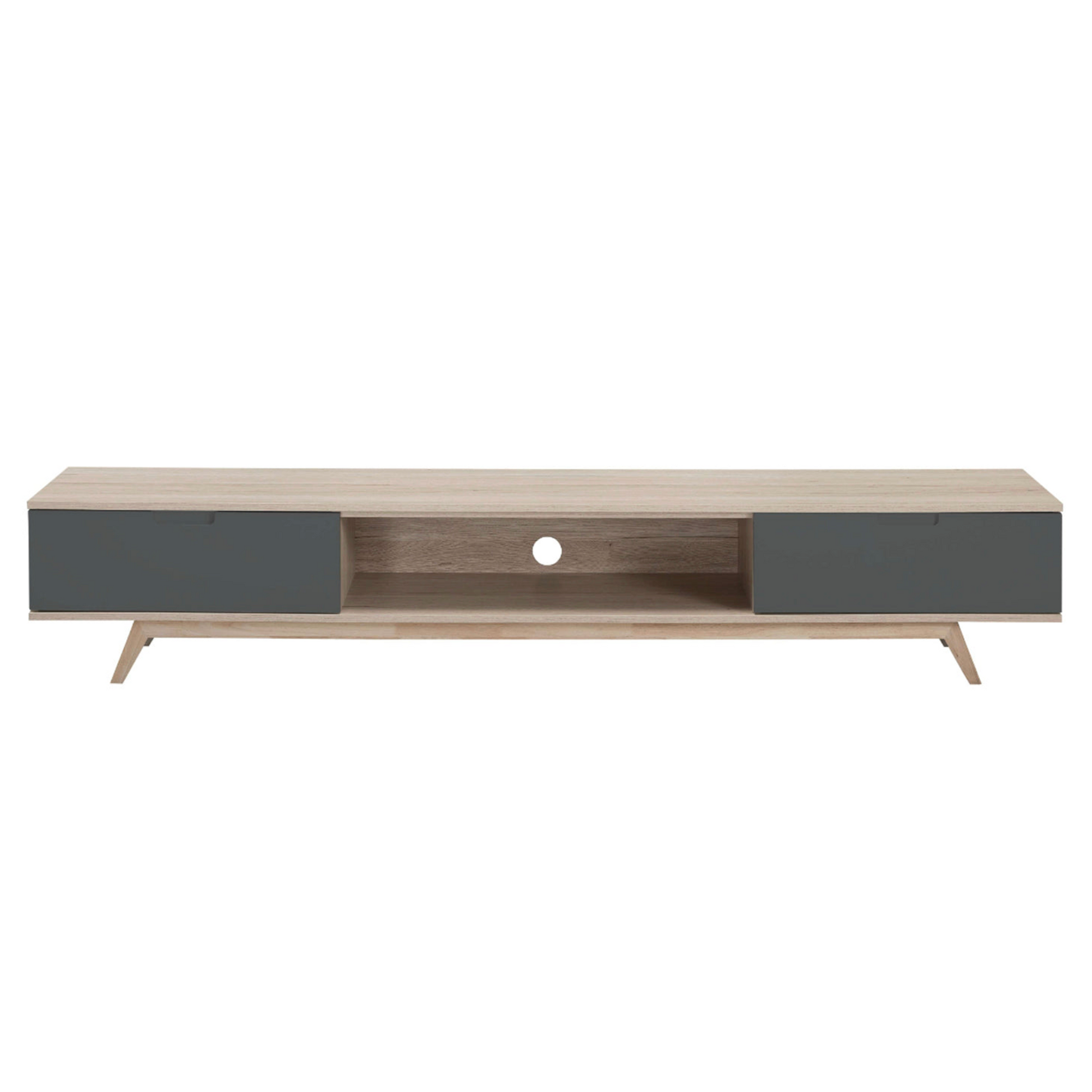 Wooden TV stand with gray doors on a white background