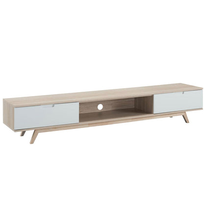 Wooden TV stand with white drawers on a white background