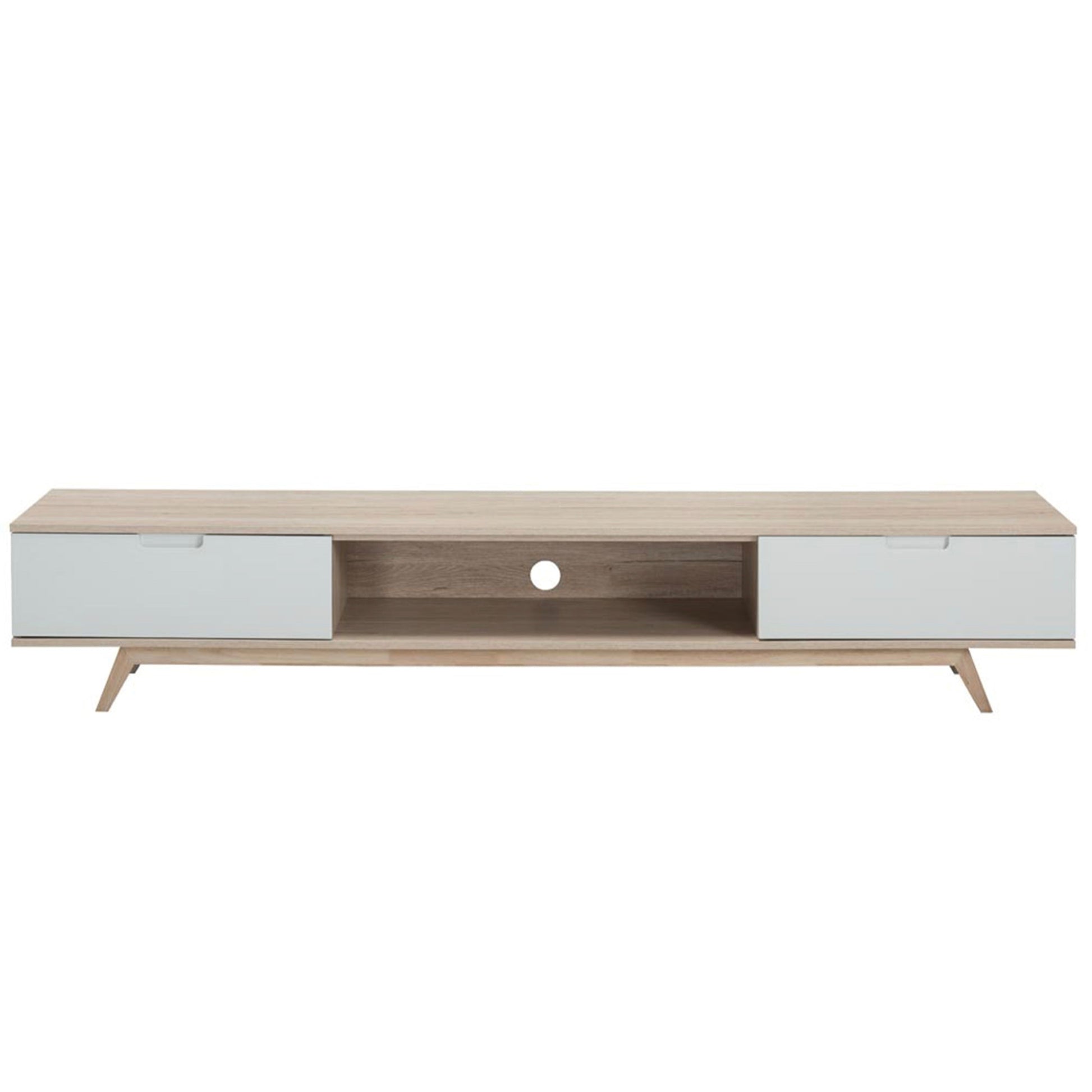 Wooden TV stand with white accents on a white background