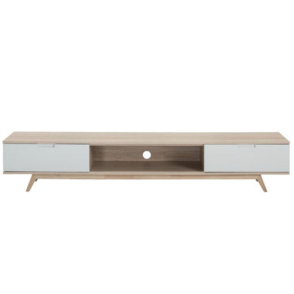 Wooden TV stand with white accents on a white background