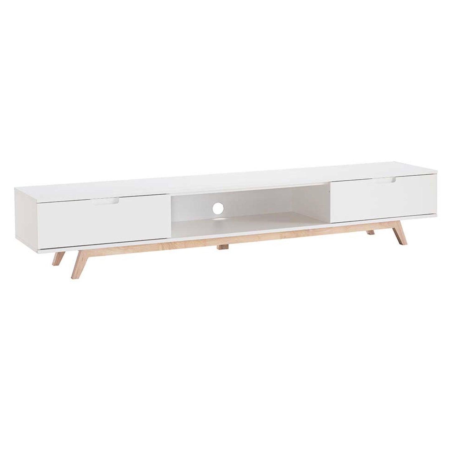 White TV stand with wooden legs on a white background
